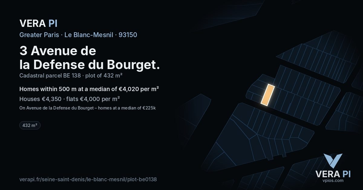3 Avenue de la Defense du Bourget, Le Blanc-Mesnil at night – the plot lit, the parcels around coloured by the prices near them