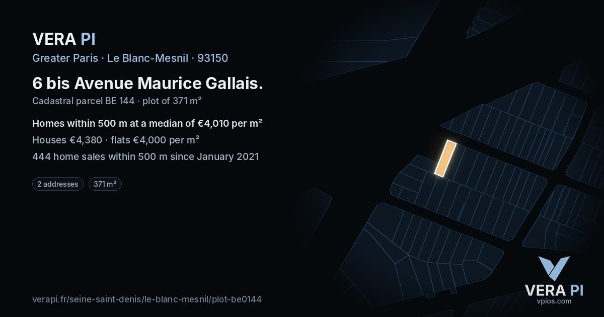 6 bis Avenue Maurice Gallais, Le Blanc-Mesnil at night – the plot lit, the parcels around coloured by the prices near them
