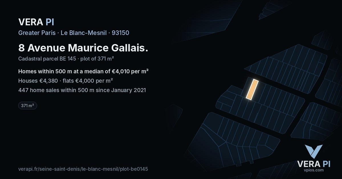 8 Avenue Maurice Gallais, Le Blanc-Mesnil at night – the plot lit, the parcels around coloured by the prices near them