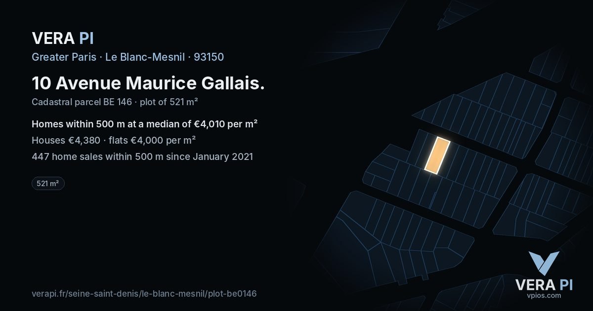 10 Avenue Maurice Gallais, Le Blanc-Mesnil at night – the plot lit, the parcels around coloured by the prices near them