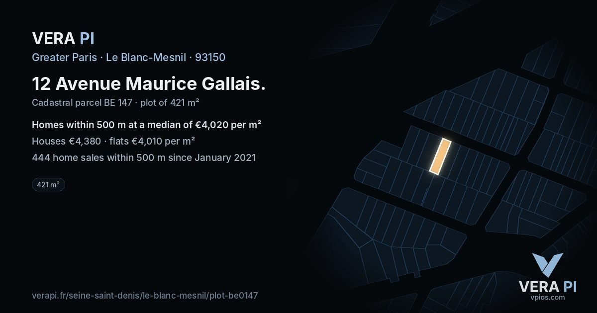 12 Avenue Maurice Gallais, Le Blanc-Mesnil at night – the plot lit, the parcels around coloured by the prices near them