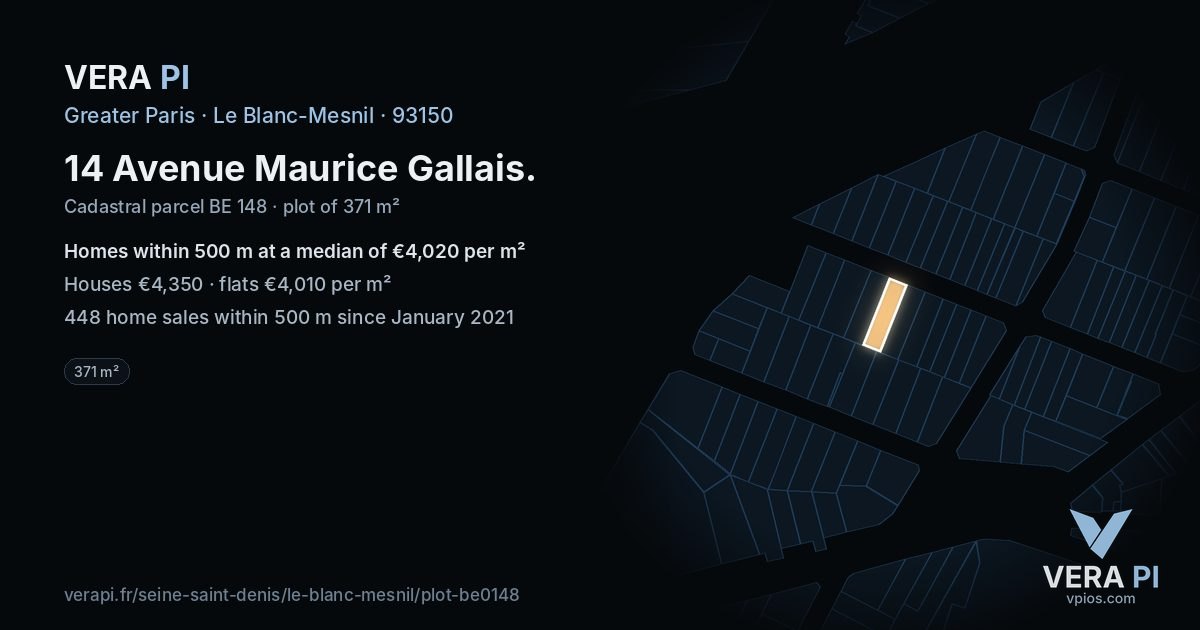 14 Avenue Maurice Gallais, Le Blanc-Mesnil at night – the plot lit, the parcels around coloured by the prices near them