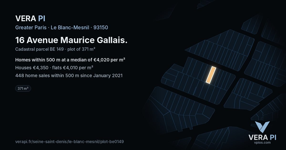 16 Avenue Maurice Gallais, Le Blanc-Mesnil at night – the plot lit, the parcels around coloured by the prices near them