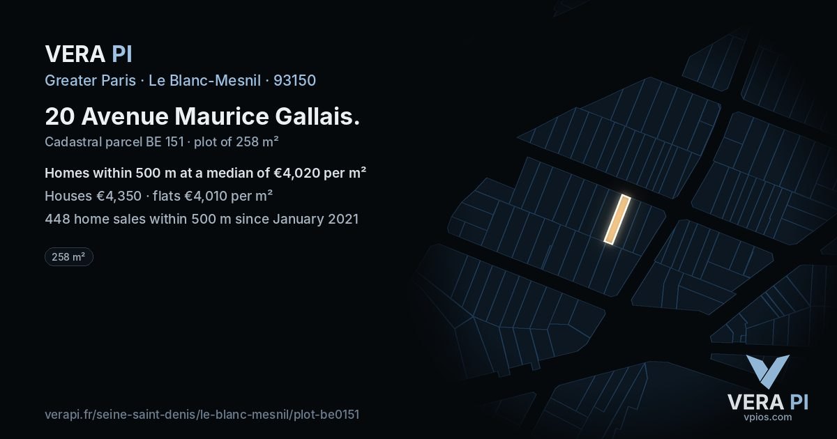 20 Avenue Maurice Gallais, Le Blanc-Mesnil at night – the plot lit, the parcels around coloured by the prices near them