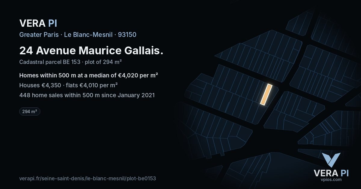 24 Avenue Maurice Gallais, Le Blanc-Mesnil at night – the plot lit, the parcels around coloured by the prices near them