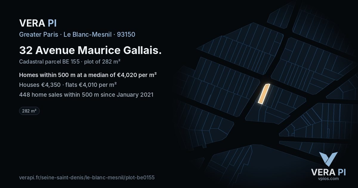 32 Avenue Maurice Gallais, Le Blanc-Mesnil at night – the plot lit, the parcels around coloured by the prices near them