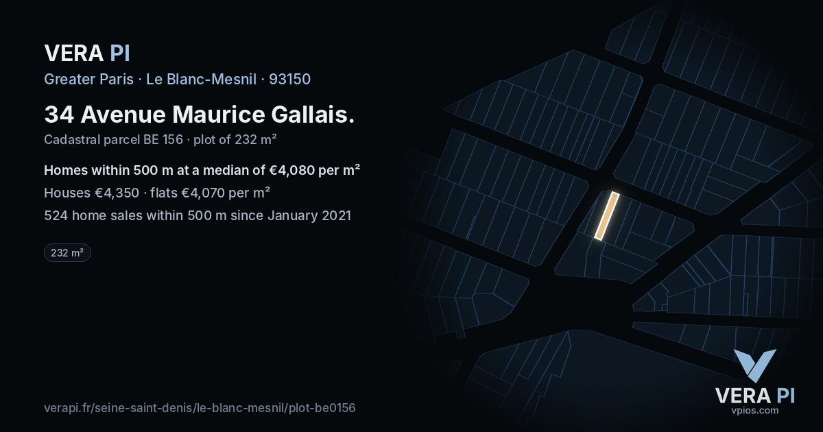 34 Avenue Maurice Gallais, Le Blanc-Mesnil at night – the plot lit, the parcels around coloured by the prices near them