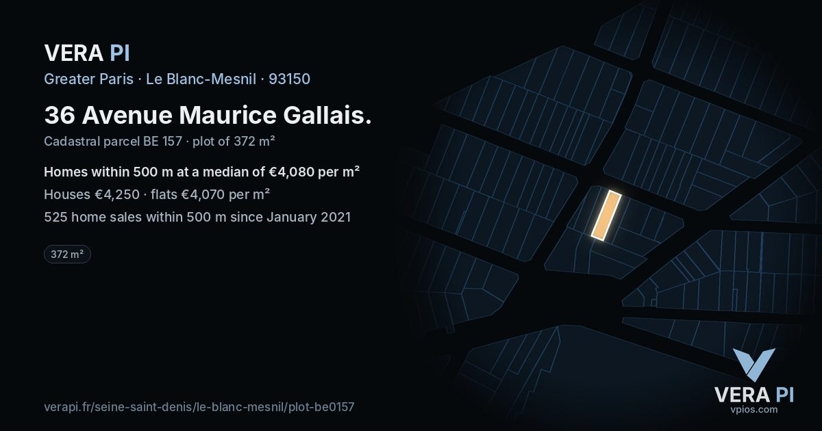 36 Avenue Maurice Gallais, Le Blanc-Mesnil at night – the plot lit, the parcels around coloured by the prices near them