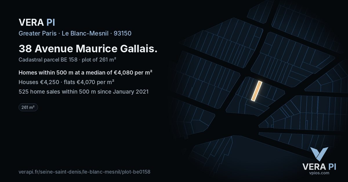 38 Avenue Maurice Gallais, Le Blanc-Mesnil at night – the plot lit, the parcels around coloured by the prices near them