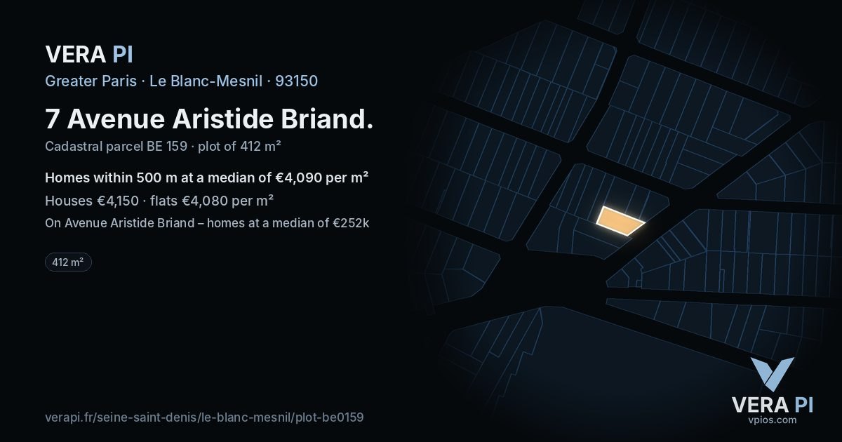 7 Avenue Aristide Briand, Le Blanc-Mesnil at night – the plot lit, the parcels around coloured by the prices near them