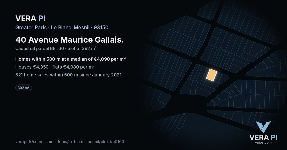 40 Avenue Maurice Gallais, Le Blanc-Mesnil at night – the plot lit, the parcels around coloured by the prices near them