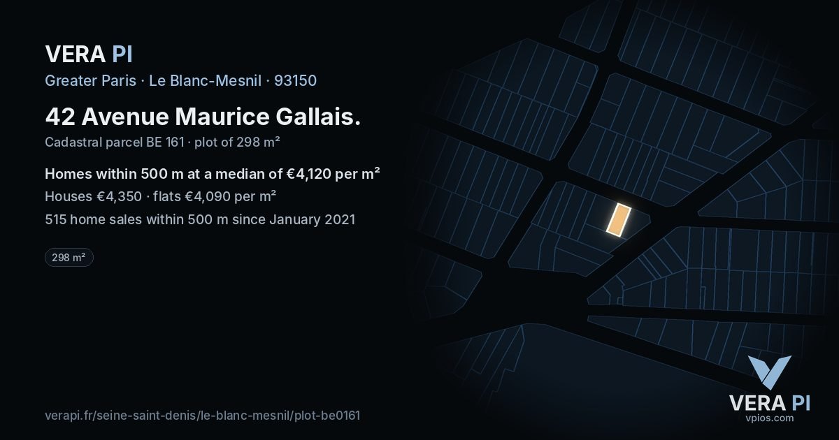 42 Avenue Maurice Gallais, Le Blanc-Mesnil at night – the plot lit, the parcels around coloured by the prices near them