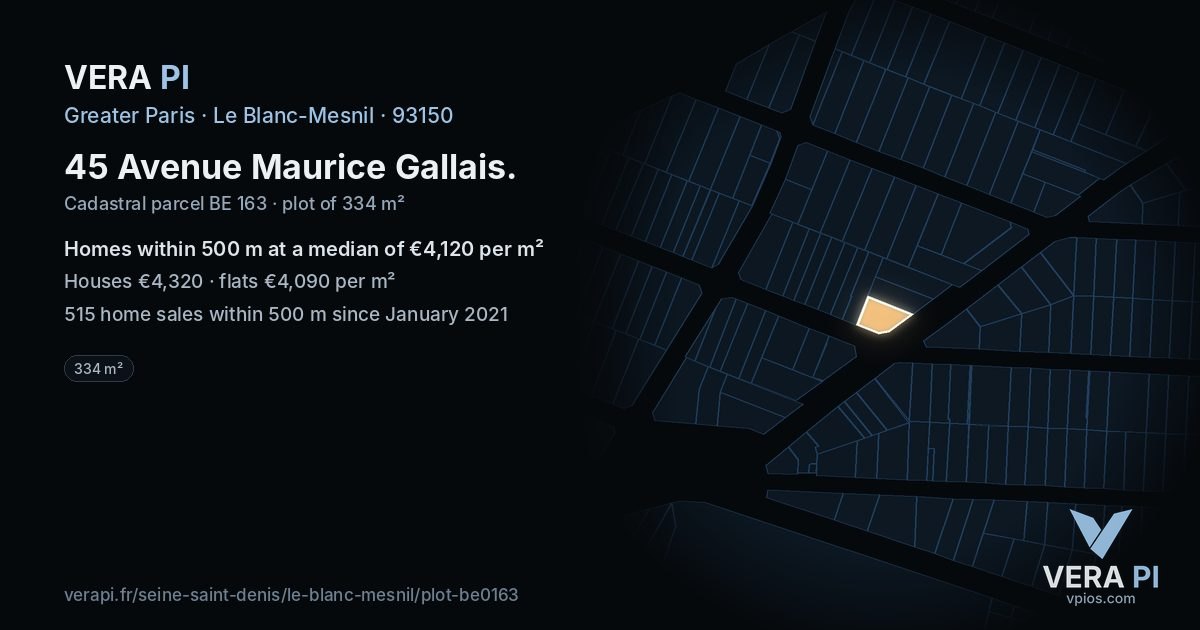 45 Avenue Maurice Gallais, Le Blanc-Mesnil at night – the plot lit, the parcels around coloured by the prices near them