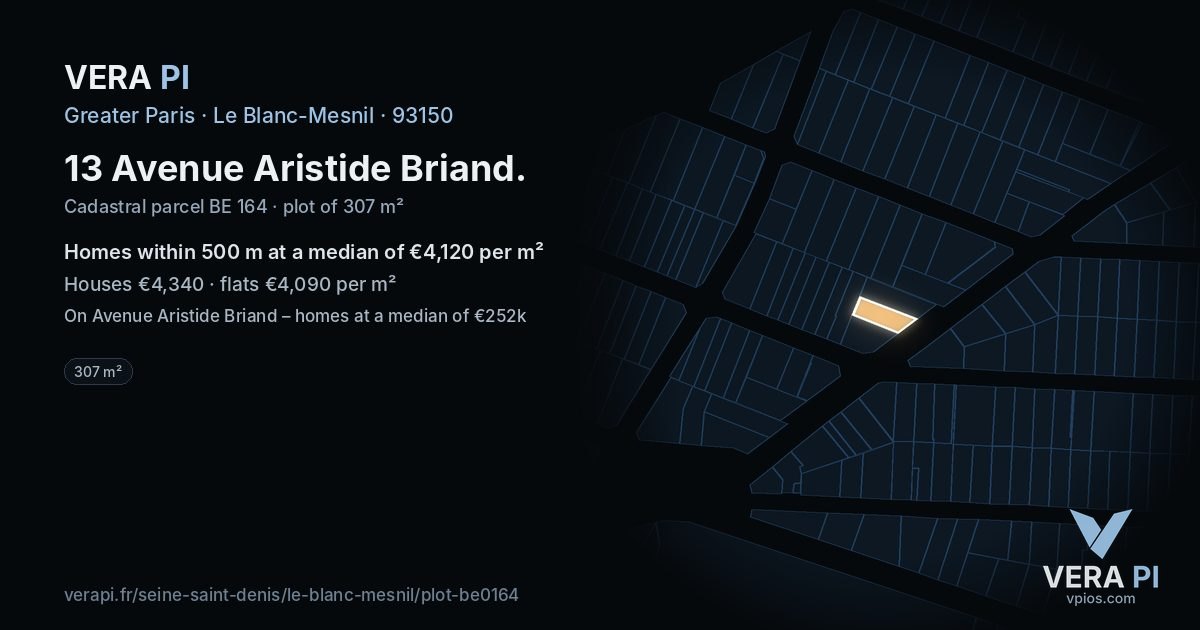 13 Avenue Aristide Briand, Le Blanc-Mesnil at night – the plot lit, the parcels around coloured by the prices near them