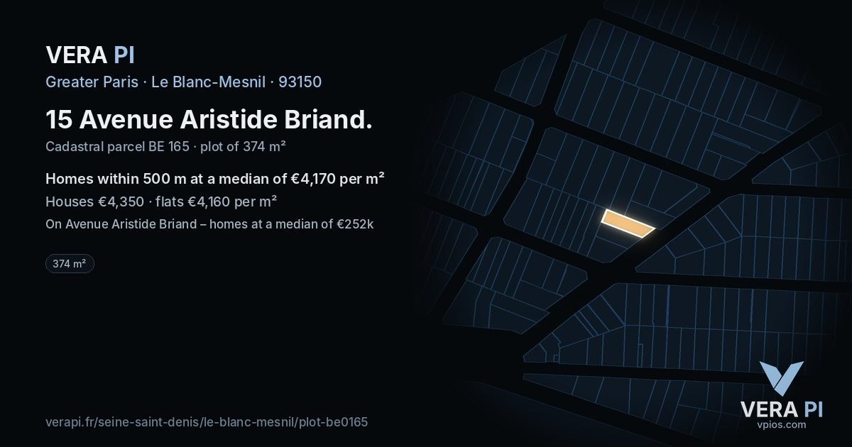 15 Avenue Aristide Briand, Le Blanc-Mesnil at night – the plot lit, the parcels around coloured by the prices near them