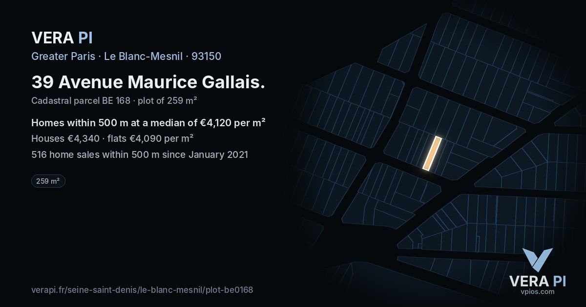 39 Avenue Maurice Gallais, Le Blanc-Mesnil at night – the plot lit, the parcels around coloured by the prices near them