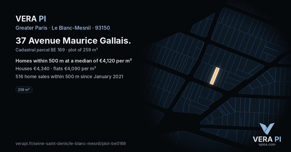 37 Avenue Maurice Gallais, Le Blanc-Mesnil at night – the plot lit, the parcels around coloured by the prices near them