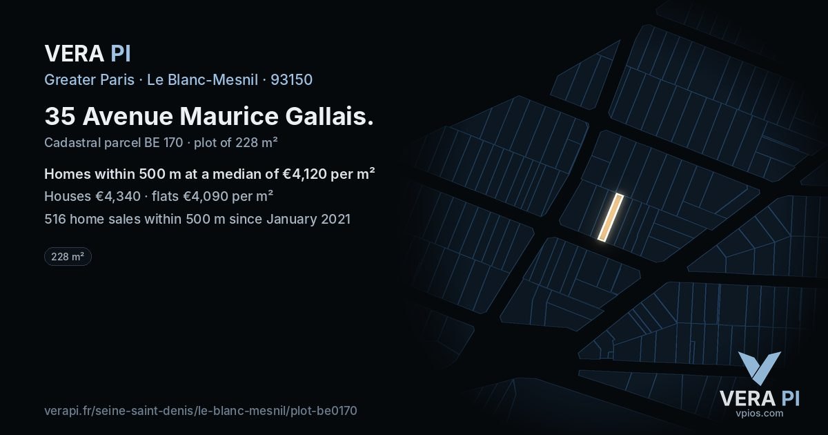 35 Avenue Maurice Gallais, Le Blanc-Mesnil at night – the plot lit, the parcels around coloured by the prices near them