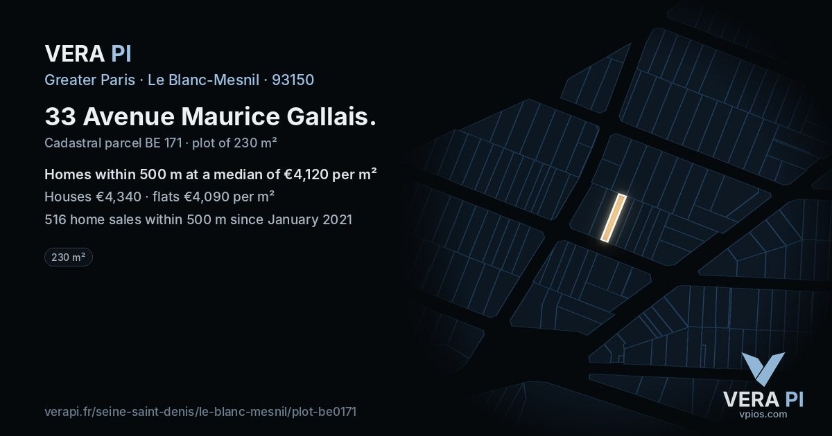 33 Avenue Maurice Gallais, Le Blanc-Mesnil at night – the plot lit, the parcels around coloured by the prices near them