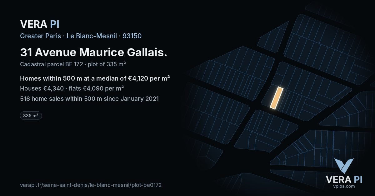 31 Avenue Maurice Gallais, Le Blanc-Mesnil at night – the plot lit, the parcels around coloured by the prices near them