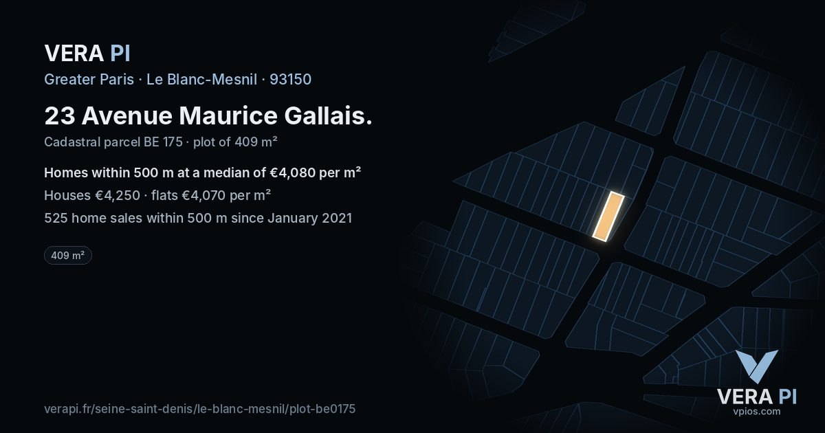 23 Avenue Maurice Gallais, Le Blanc-Mesnil at night – the plot lit, the parcels around coloured by the prices near them
