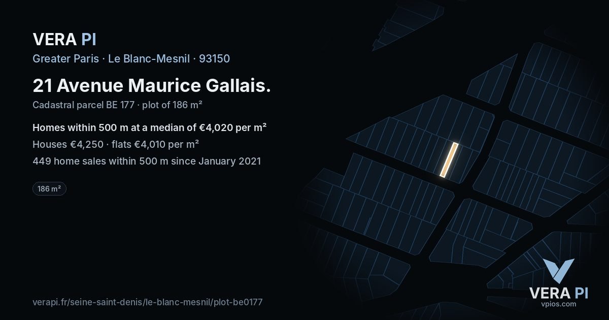 21 Avenue Maurice Gallais, Le Blanc-Mesnil at night – the plot lit, the parcels around coloured by the prices near them