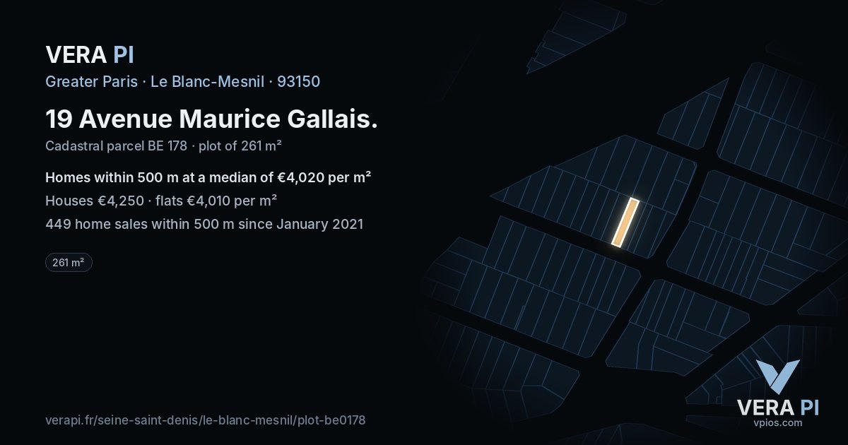 19 Avenue Maurice Gallais, Le Blanc-Mesnil at night – the plot lit, the parcels around coloured by the prices near them