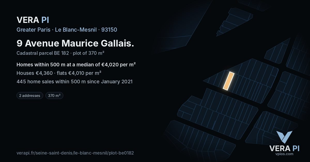 9 Avenue Maurice Gallais, Le Blanc-Mesnil at night – the plot lit, the parcels around coloured by the prices near them