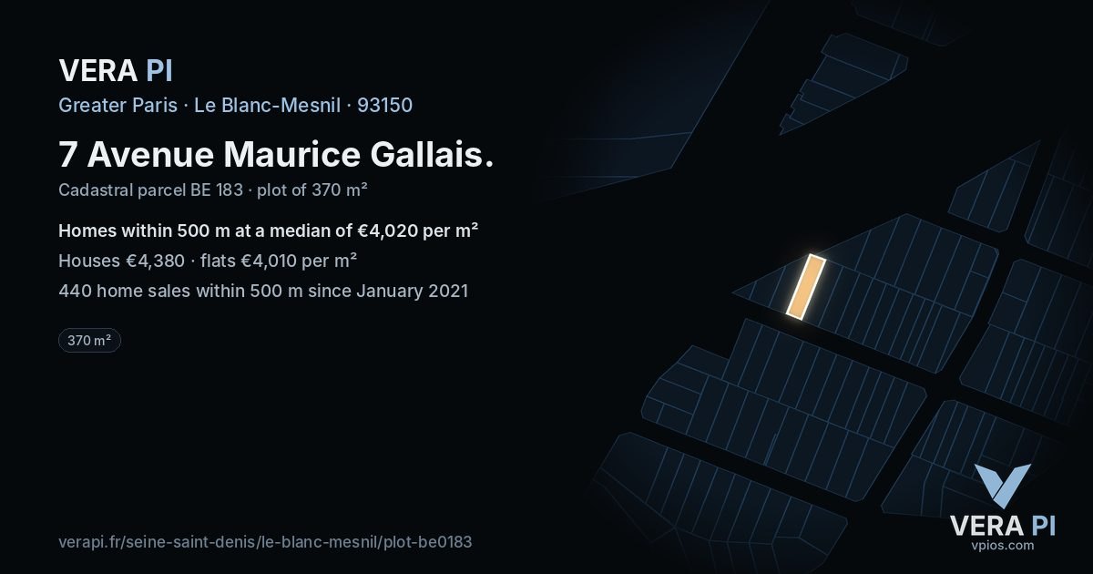 7 Avenue Maurice Gallais, Le Blanc-Mesnil at night – the plot lit, the parcels around coloured by the prices near them