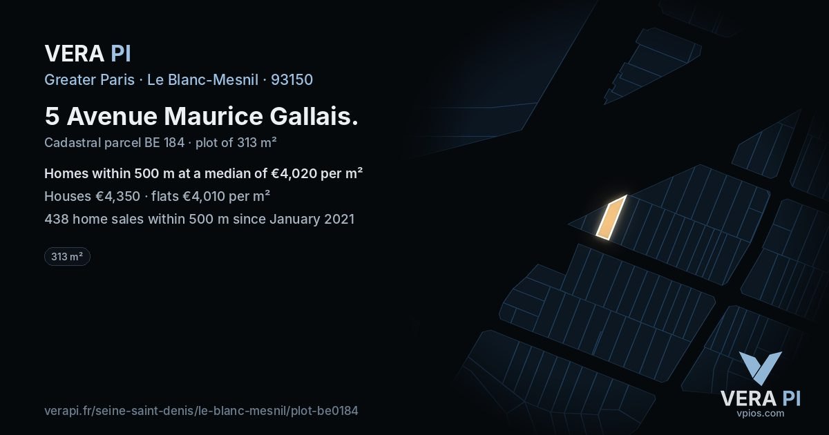 5 Avenue Maurice Gallais, Le Blanc-Mesnil at night – the plot lit, the parcels around coloured by the prices near them