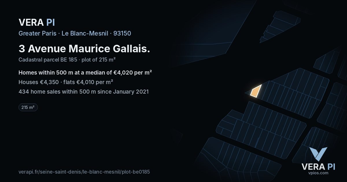 3 Avenue Maurice Gallais, Le Blanc-Mesnil at night – the plot lit, the parcels around coloured by the prices near them
