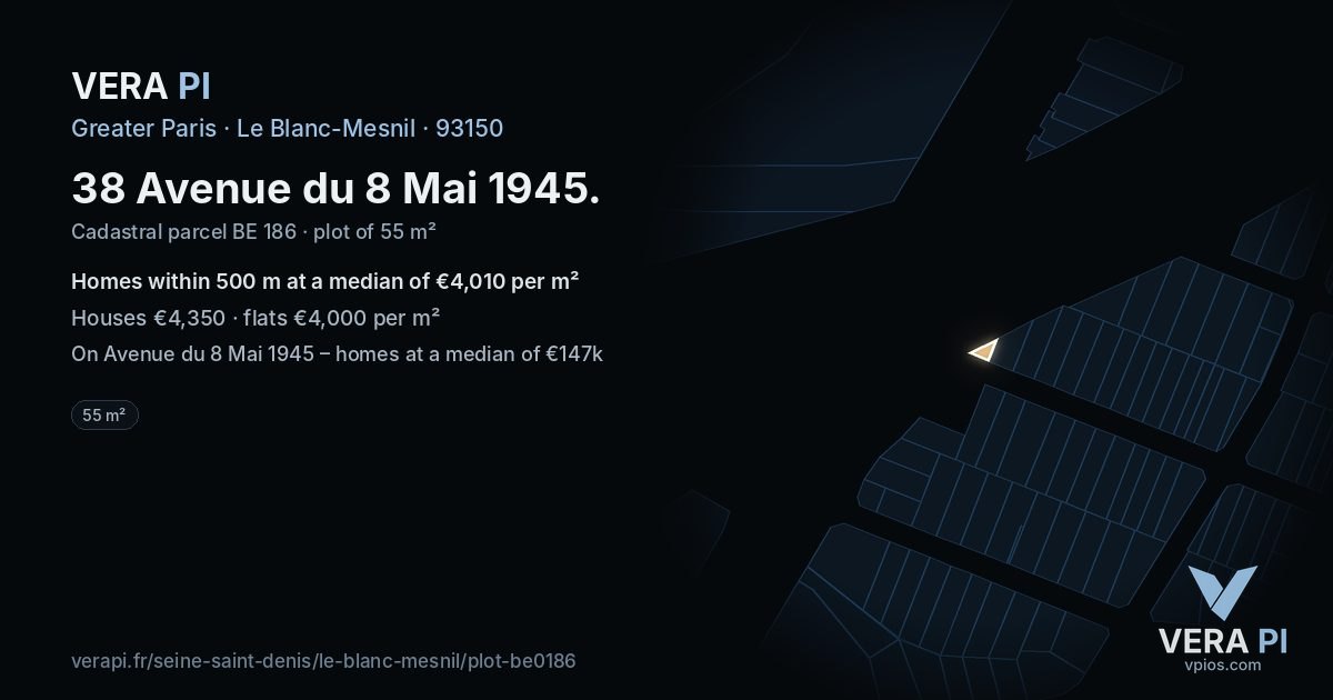 38 Avenue du 8 Mai 1945, Le Blanc-Mesnil at night – the plot lit, the parcels around coloured by the prices near them