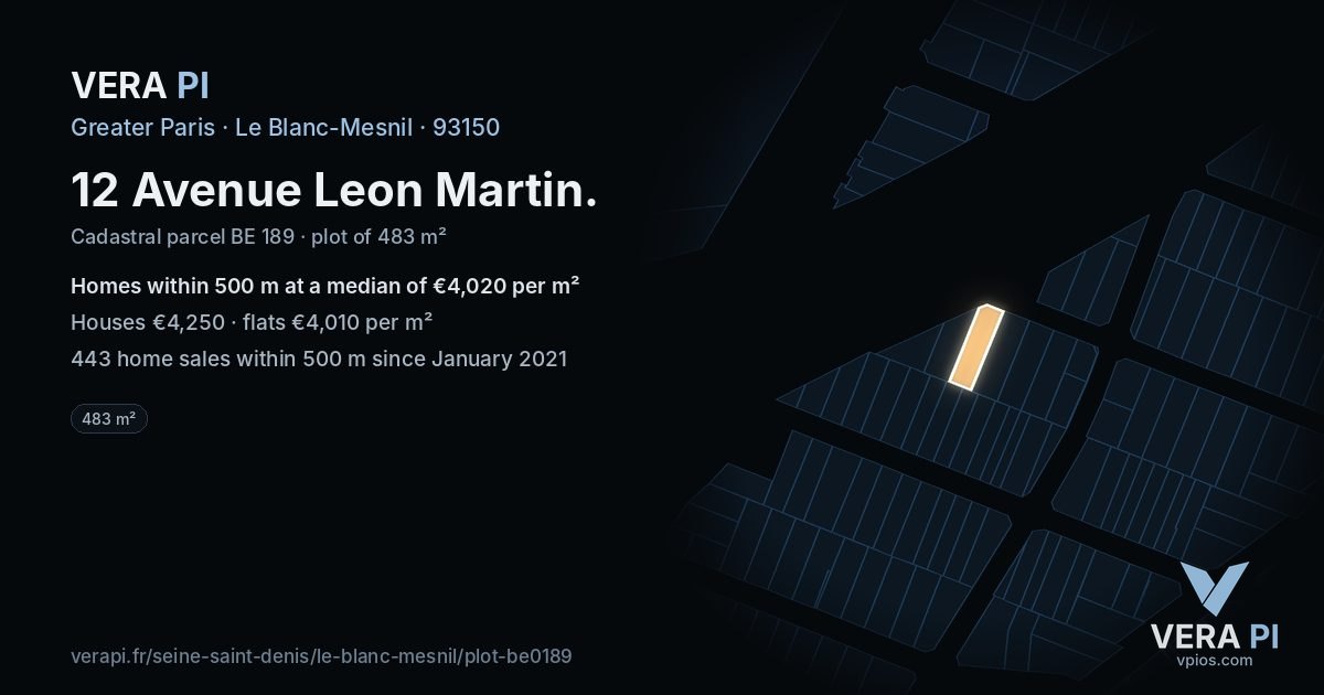 12 Avenue Leon Martin, Le Blanc-Mesnil at night – the plot lit, the parcels around coloured by the prices near them