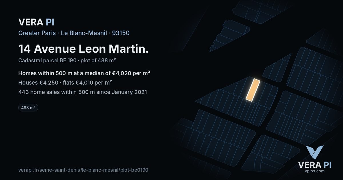14 Avenue Leon Martin, Le Blanc-Mesnil at night – the plot lit, the parcels around coloured by the prices near them