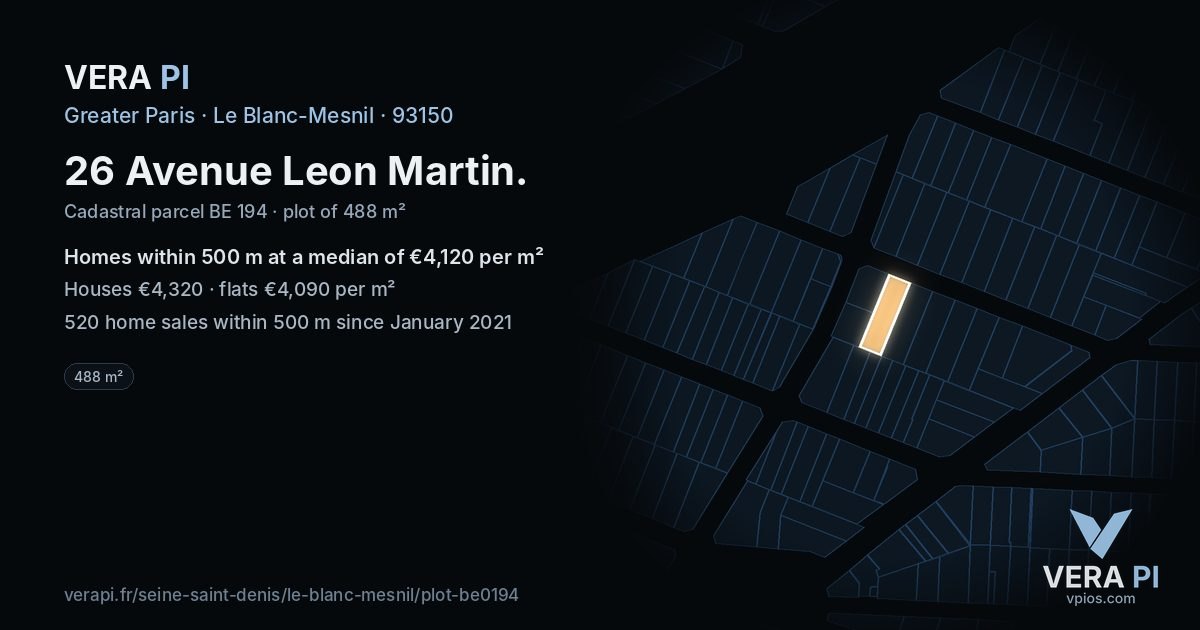 26 Avenue Leon Martin, Le Blanc-Mesnil at night – the plot lit, the parcels around coloured by the prices near them