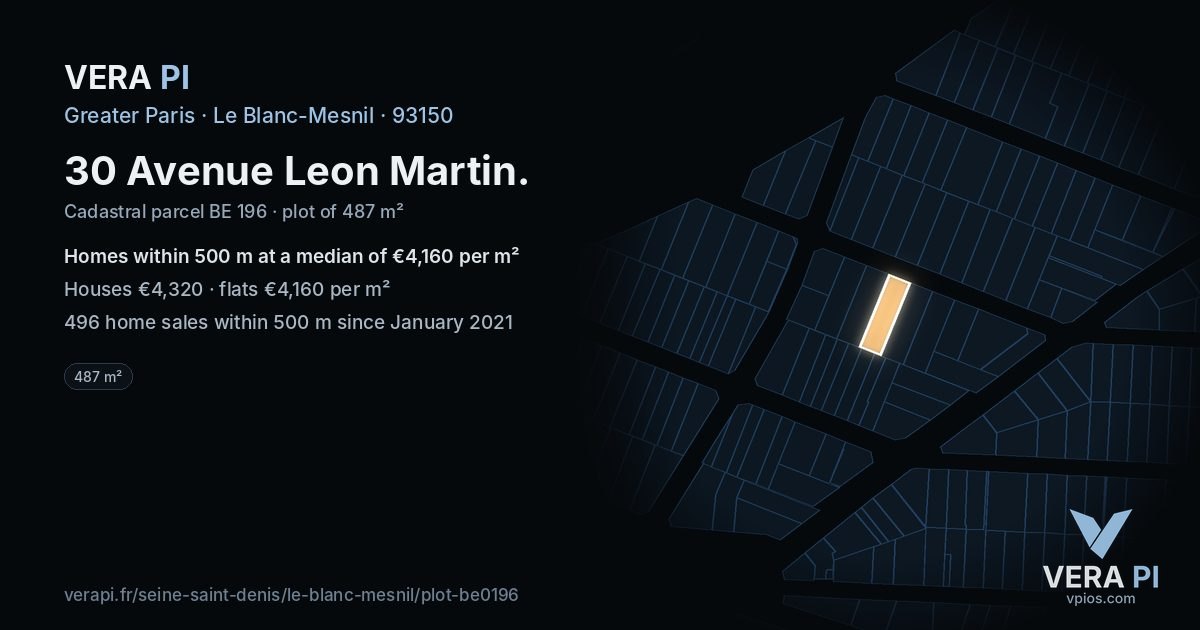 30 Avenue Leon Martin, Le Blanc-Mesnil at night – the plot lit, the parcels around coloured by the prices near them
