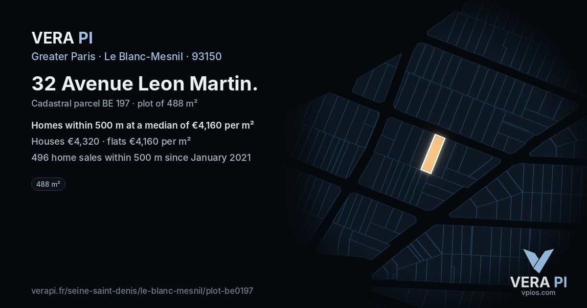 32 Avenue Leon Martin, Le Blanc-Mesnil at night – the plot lit, the parcels around coloured by the prices near them