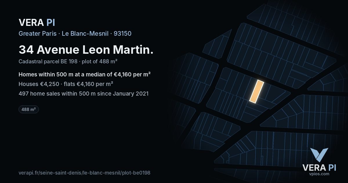34 Avenue Leon Martin, Le Blanc-Mesnil at night – the plot lit, the parcels around coloured by the prices near them