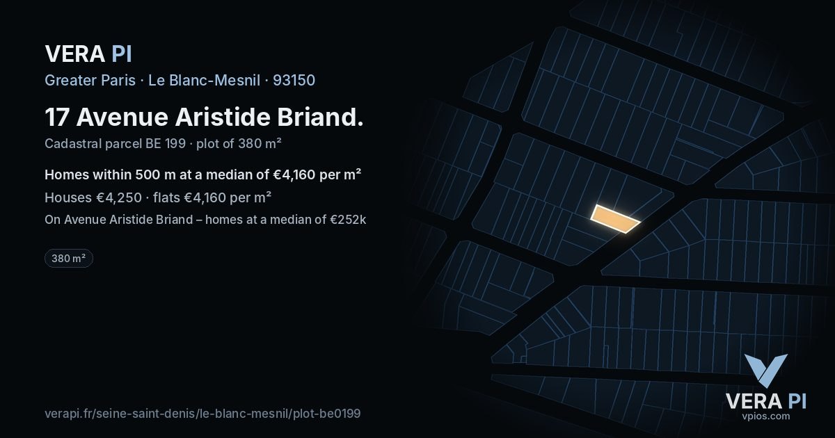 17 Avenue Aristide Briand, Le Blanc-Mesnil at night – the plot lit, the parcels around coloured by the prices near them