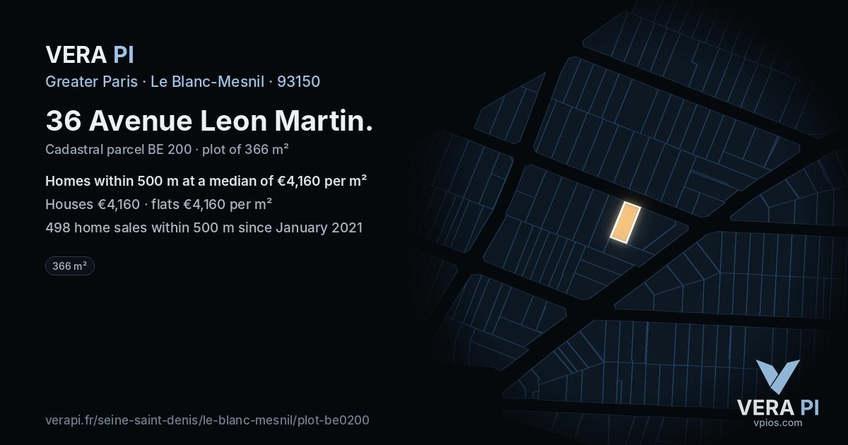 36 Avenue Leon Martin, Le Blanc-Mesnil at night – the plot lit, the parcels around coloured by the prices near them