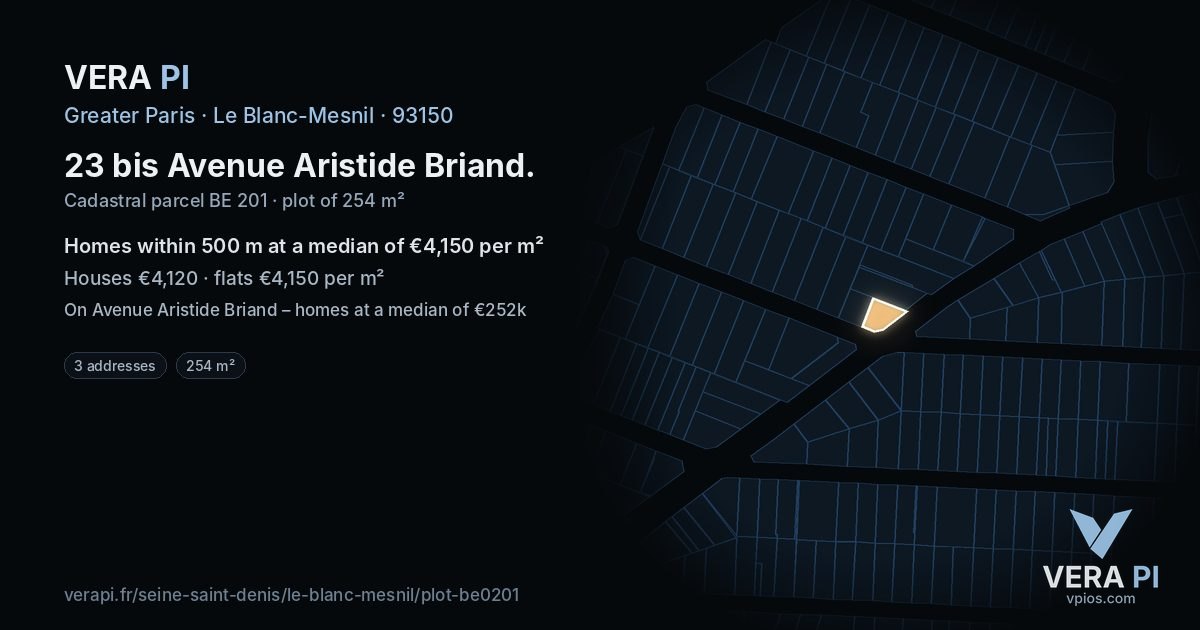 23 bis Avenue Aristide Briand, Le Blanc-Mesnil at night – the plot lit, the parcels around coloured by the prices near them