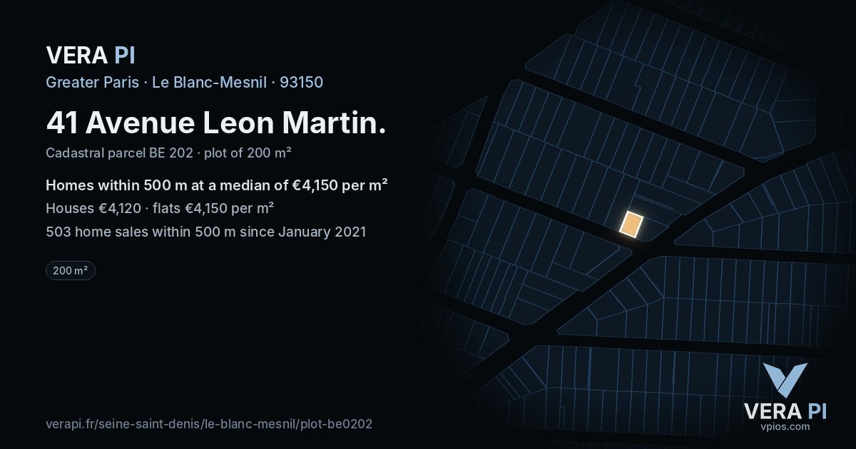 41 Avenue Leon Martin, Le Blanc-Mesnil at night – the plot lit, the parcels around coloured by the prices near them