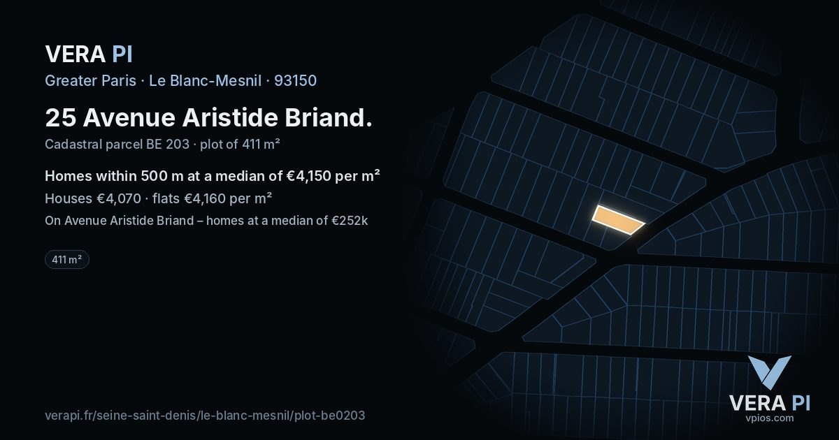 25 Avenue Aristide Briand, Le Blanc-Mesnil at night – the plot lit, the parcels around coloured by the prices near them