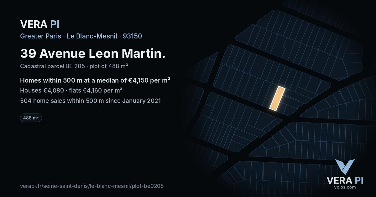 39 Avenue Leon Martin, Le Blanc-Mesnil at night – the plot lit, the parcels around coloured by the prices near them