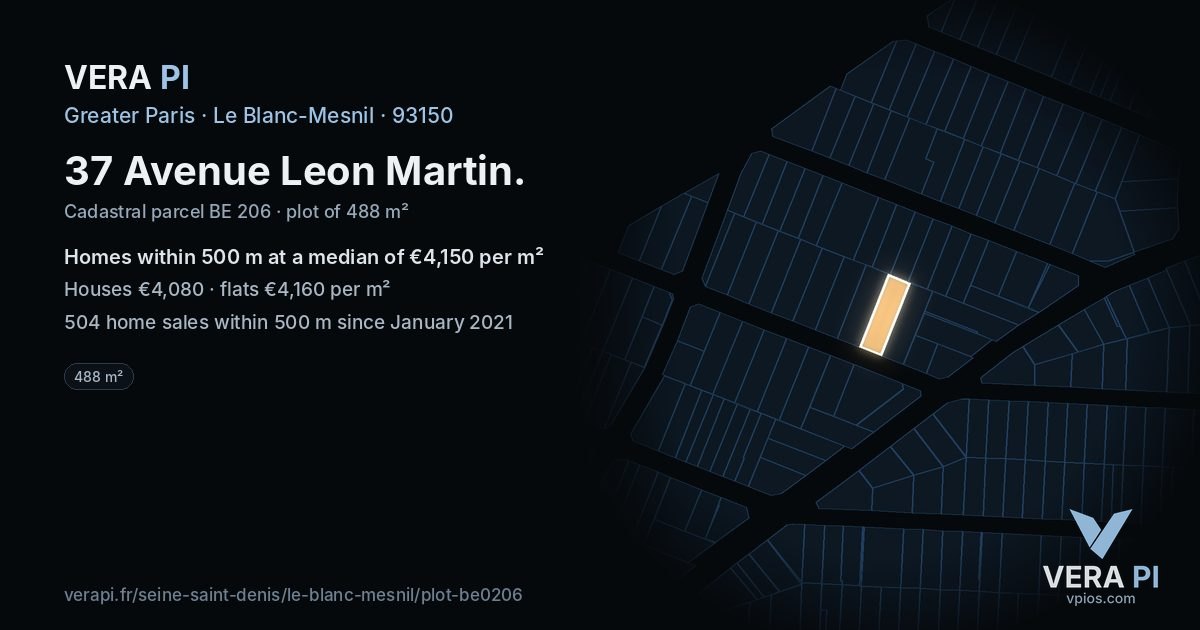 37 Avenue Leon Martin, Le Blanc-Mesnil at night – the plot lit, the parcels around coloured by the prices near them