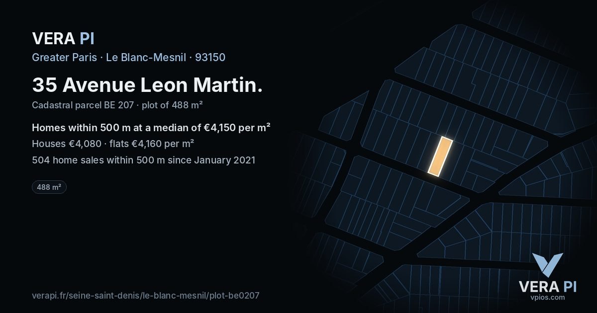 35 Avenue Leon Martin, Le Blanc-Mesnil at night – the plot lit, the parcels around coloured by the prices near them