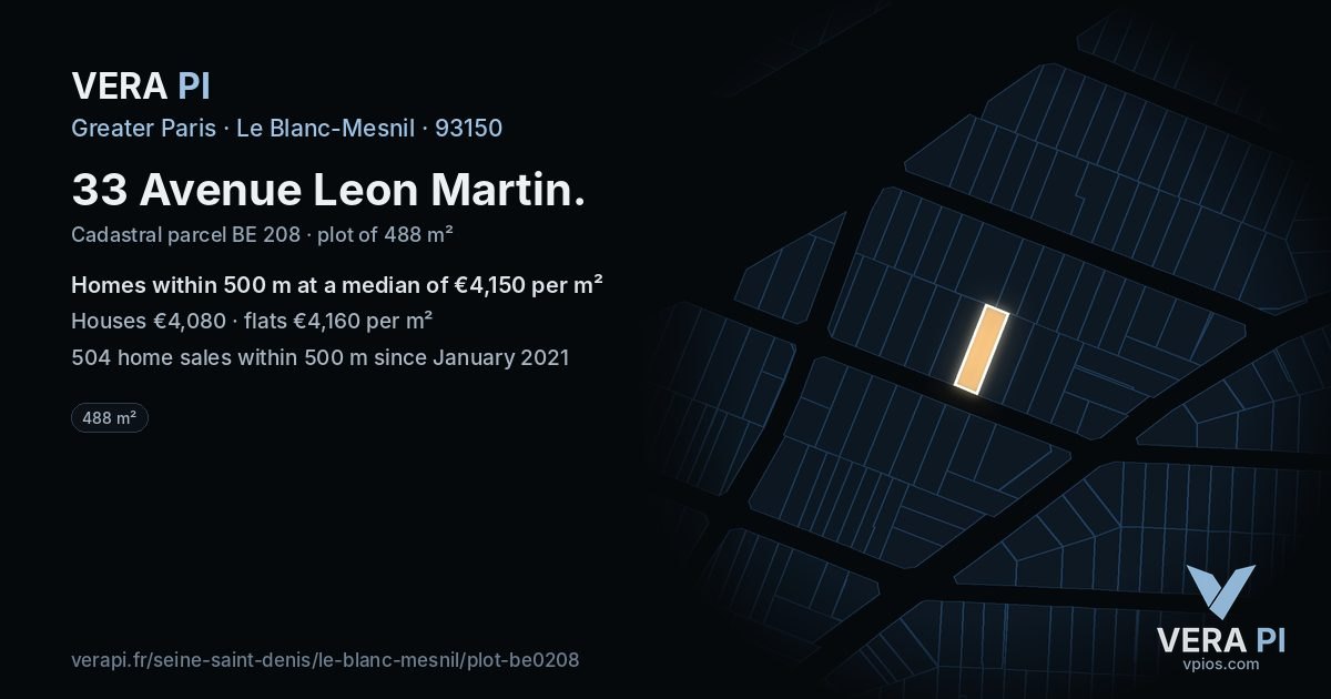 33 Avenue Leon Martin, Le Blanc-Mesnil at night – the plot lit, the parcels around coloured by the prices near them