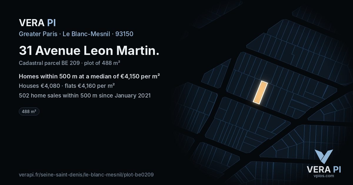 31 Avenue Leon Martin, Le Blanc-Mesnil at night – the plot lit, the parcels around coloured by the prices near them