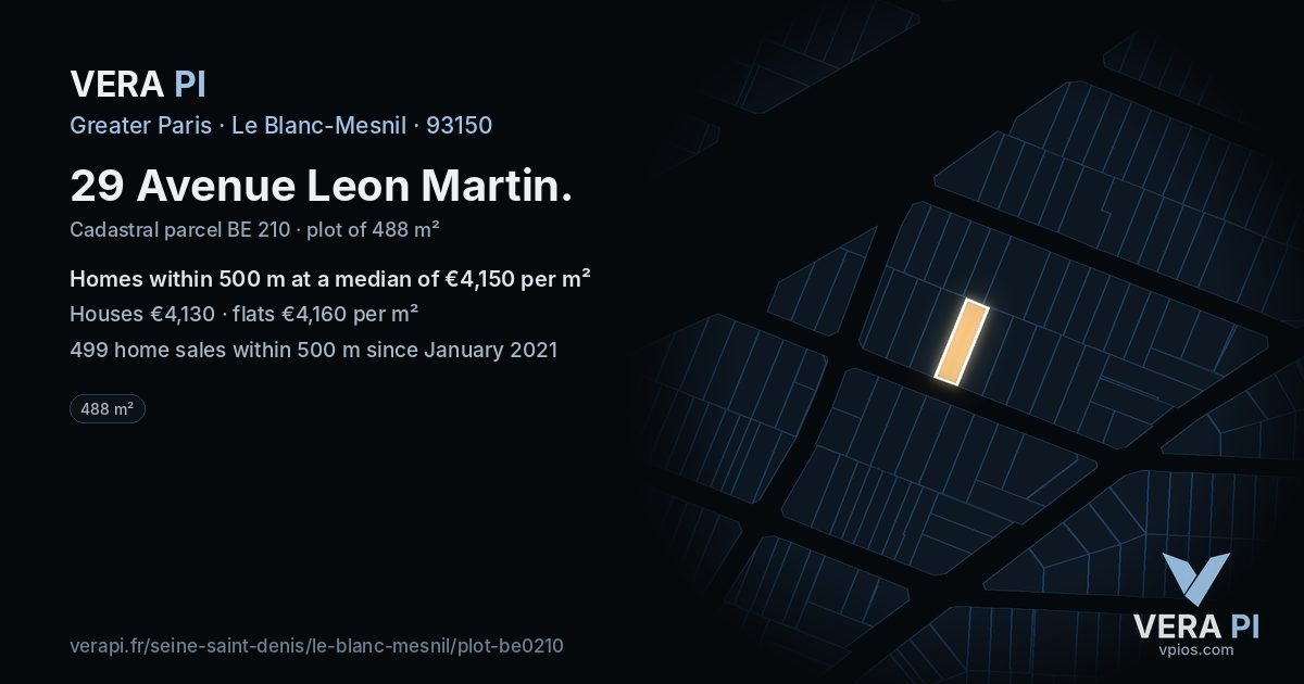29 Avenue Leon Martin, Le Blanc-Mesnil at night – the plot lit, the parcels around coloured by the prices near them