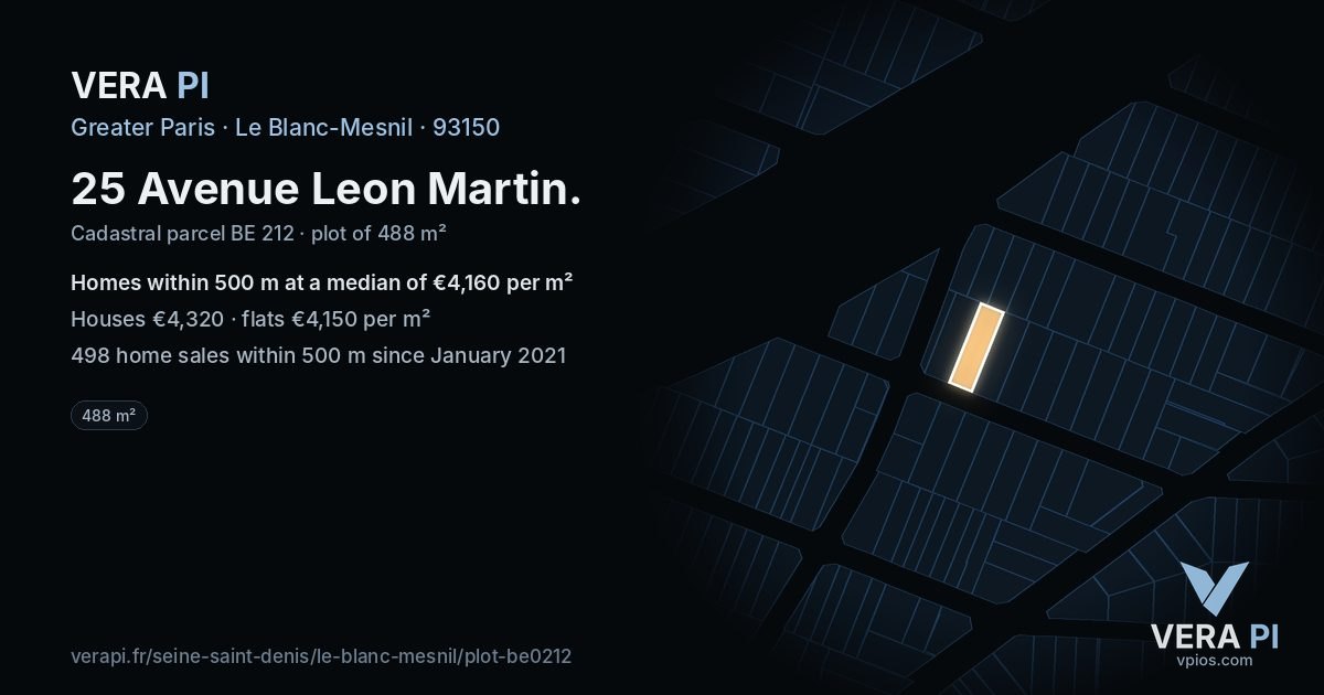 25 Avenue Leon Martin, Le Blanc-Mesnil at night – the plot lit, the parcels around coloured by the prices near them